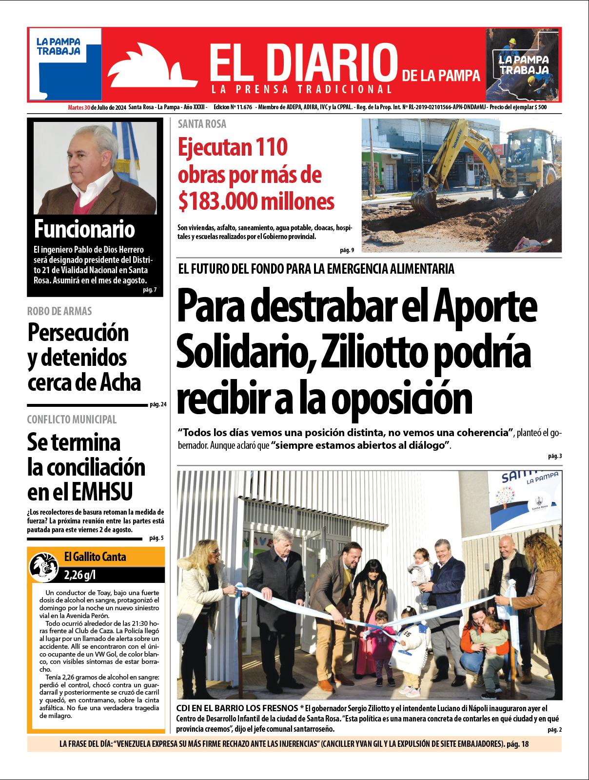 Tapa de El Diario en papel  martes 30 de julio de 2024